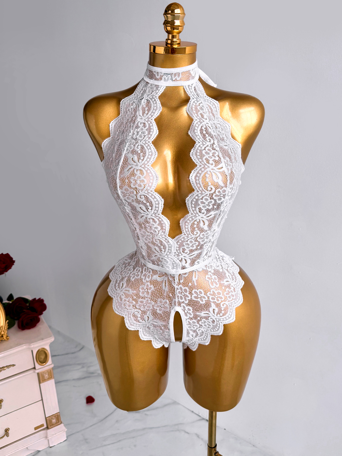 White Halter Neck Floral Lace  – Lace Teddy Lingerie Bewertung und Preis